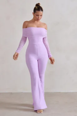 Whisper | Lilac Ruched Mesh Bardot Jumpsuit