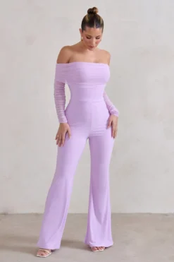 Whisper | Lilac Ruched Mesh Bardot Jumpsuit -Stylixon Sales Store WB HR CL124573 WhisperLilacRuchedMeshBardotJumpsuit1 scaled