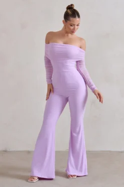 Whisper | Lilac Ruched Mesh Bardot Jumpsuit -Stylixon Sales Store WB HR CL124573 WhisperLilacRuchedMeshBardotJumpsuit2 scaled