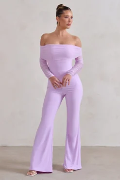 Whisper | Lilac Ruched Mesh Bardot Jumpsuit -Stylixon Sales Store WB HR CL124573 WhisperLilacRuchedMeshBardotJumpsuit3 scaled