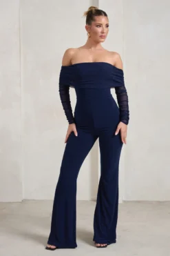 Whisper | Navy Ruched Mesh Bardot Jumpsuit