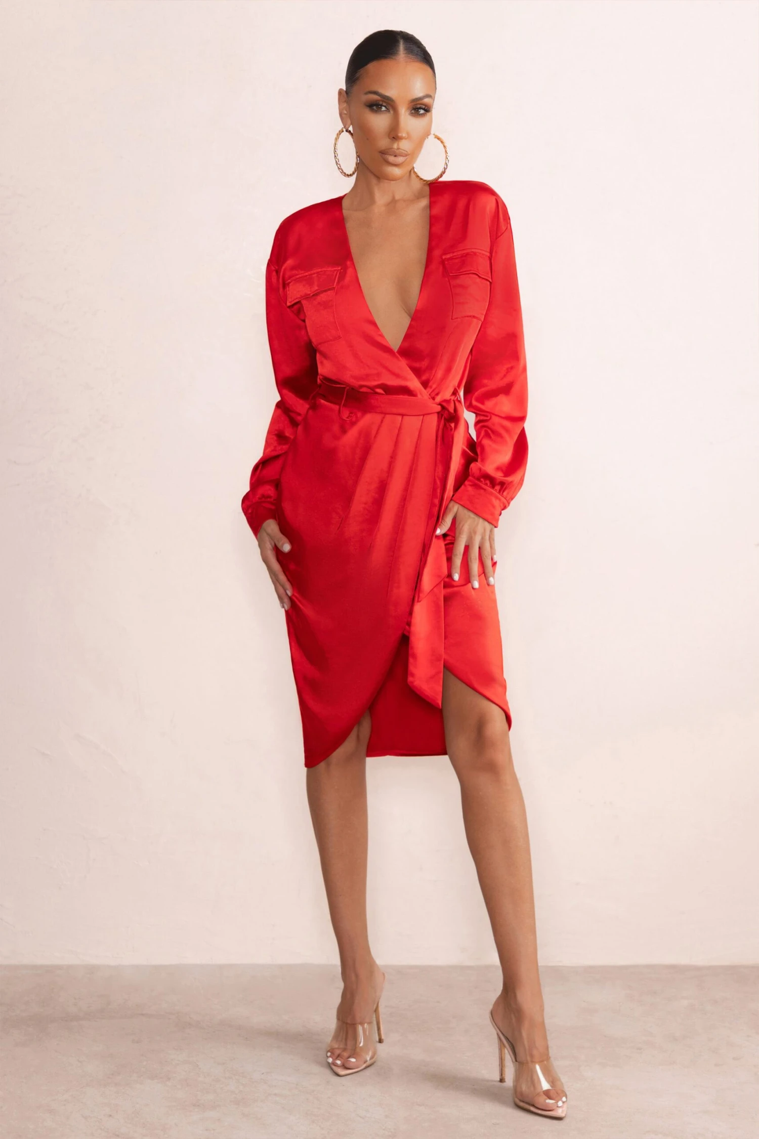 True Romance | Red Satin Plunge Neck Midi Dress With Belt Detail 4 True Romance | Red Satin Plunge Neck Midi Dress With Belt Detail - Image 4