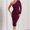 In The Shadows | Burgundy One Sleeve Midi Dress With Ruching
