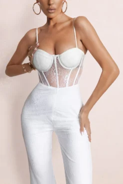 First Look | Ivory Lace Corset Bodice Flared Leg Jumpsuit -Stylixon Sales Store WB HR CL127142 FirstLookWhiteCorsetBodiceJumpsuit2 scaled