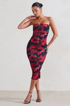 My Girl | Black & Red Floral Print Bandeau Bodycon Ruched Mesh Midi Dress -Stylixon Sales Store WB HR CL127347 MyLady Black RedFloralPrintBandeauBodyconRuchedMeshMaxiDress1 1 scaled