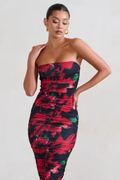 My Girl | Black & Red Floral Print Bandeau Bodycon Ruched Mesh Midi Dress -Stylixon Sales Store WB HR CL127347 MyLady Black RedFloralPrintBandeauBodyconRuchedMeshMaxiDress3 1 scaled