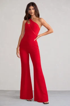 Bold Confidence | Red One Shoulder Cut Out Flare Jumpsuit