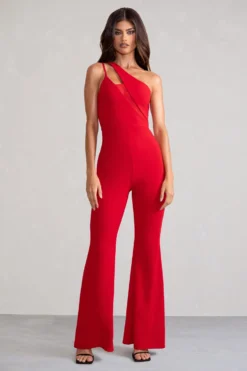 Bold Confidence | Red One Shoulder Cut Out Flare Jumpsuit -Stylixon Sales Store WB HR CL127594 BoldConfidenceRedAsymmetricNeckFrontCutOutJumpsuit2 scaled