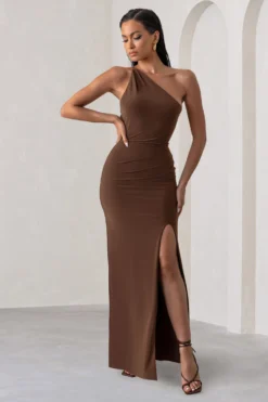 Best Seller 15 Dressing Up | Chocolate Brown One Shoulder Maxi Dress With Open Back Detail