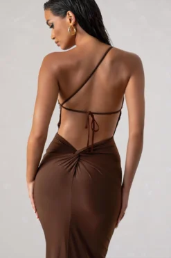 Dressing Up | Chocolate Brown One Shoulder Maxi Dress With Open Back Detail -Stylixon Sales Store WB HR CL127621 DressingUpChocolateHRownOneShoulderMaxiDressWithOpenBackDetail2 scaled
