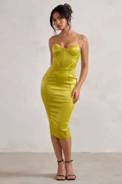 Camilla | Lime Satin Square Neck Corset Bodice Midi Dress -Stylixon Sales Store WB HR CL127799 CamillaLimeSatinSquareNeckCorsetBodiceMidiDress2 scaled