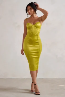 Camilla | Lime Satin Square Neck Corset Bodice Midi Dress -Stylixon Sales Store WB HR CL127799 CamillaLimeSatinSquareNeckCorsetBodiceMidiDress3 scaled