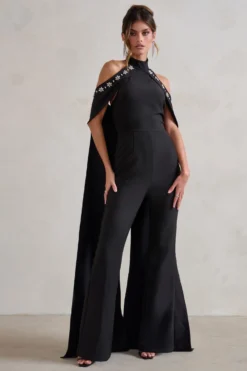 Angel | Black High Neck Jumpsuit With Cold Shoulder Cape Sleeves