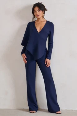 Erika | Navy Plunge Jumpsuit With One-Shoulder Cape Overlay