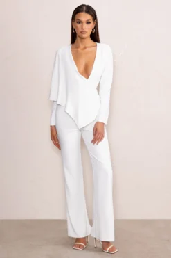 Erika | White Plunge Jumpsuit With One-Shoulder Cape Overlay -Stylixon Sales Store WB HR CL128308 ErikaWhitePlungeJumpsuitwithOne ShoulderCapeOverlay0 scaled
