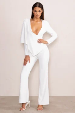 Erika | White Plunge Jumpsuit With One-Shoulder Cape Overlay