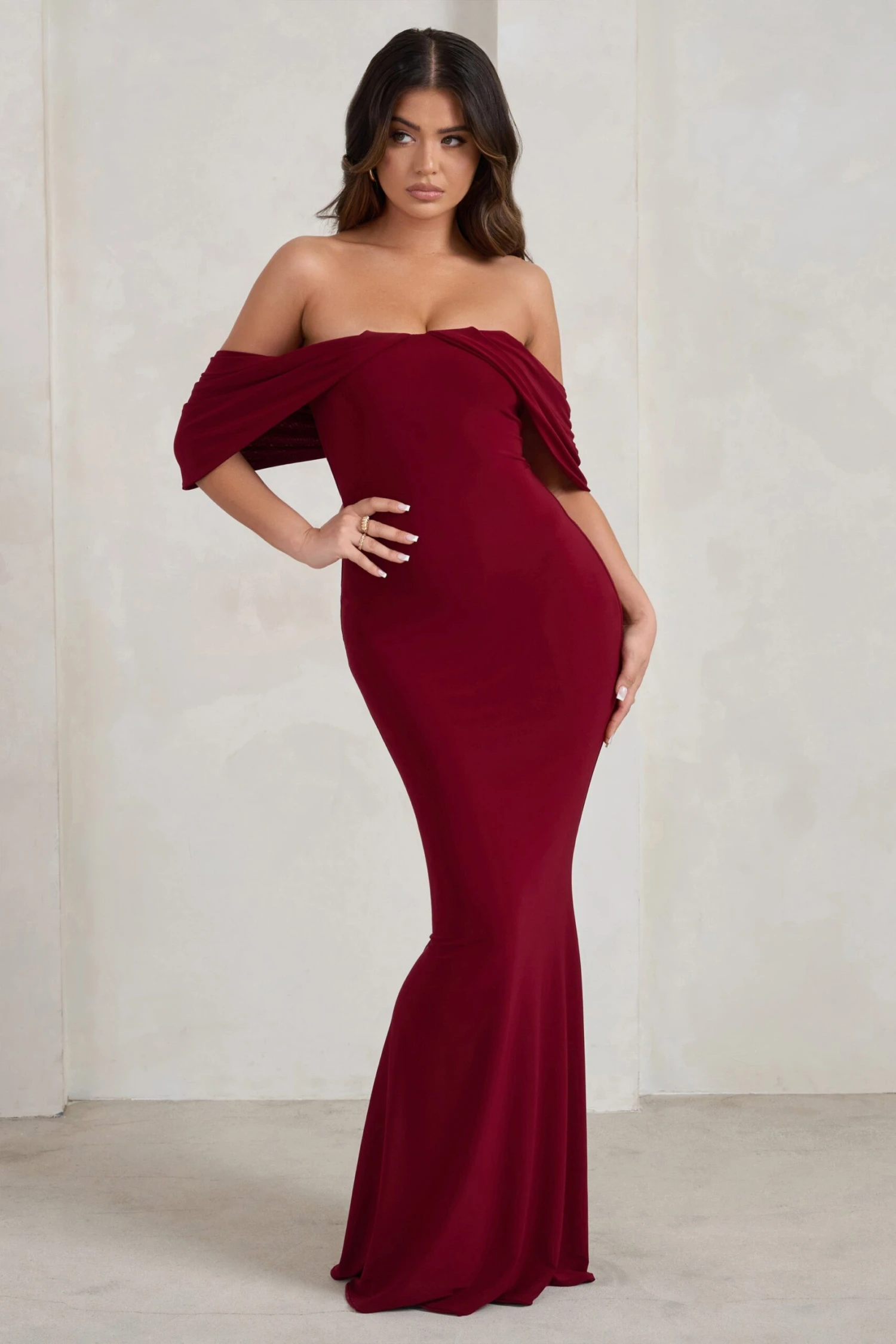 Gabrielle | Berry Red Bardot Neckline With Drape Sleeves Maxi Dress 1 Gabrielle | Berry Red Bardot Neckline With Drape Sleeves Maxi Dress