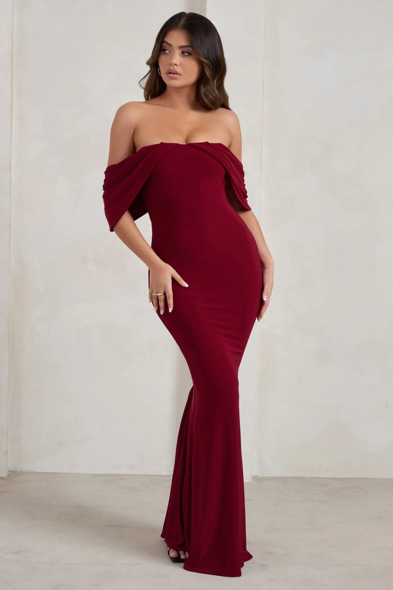 Gabrielle | Berry Red Bardot Neckline With Drape Sleeves Maxi Dress 4 Gabrielle | Berry Red Bardot Neckline With Drape Sleeves Maxi Dress - Image 4