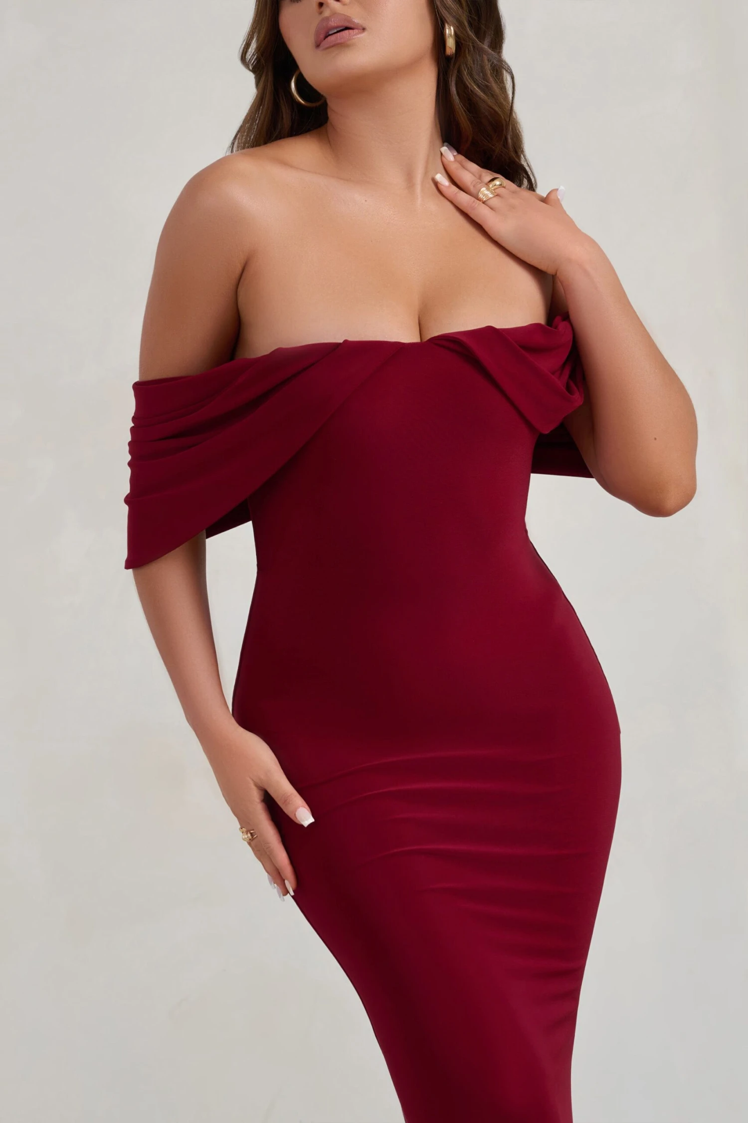 Gabrielle | Berry Red Bardot Neckline With Drape Sleeves Maxi Dress 3 Gabrielle | Berry Red Bardot Neckline With Drape Sleeves Maxi Dress - Image 3