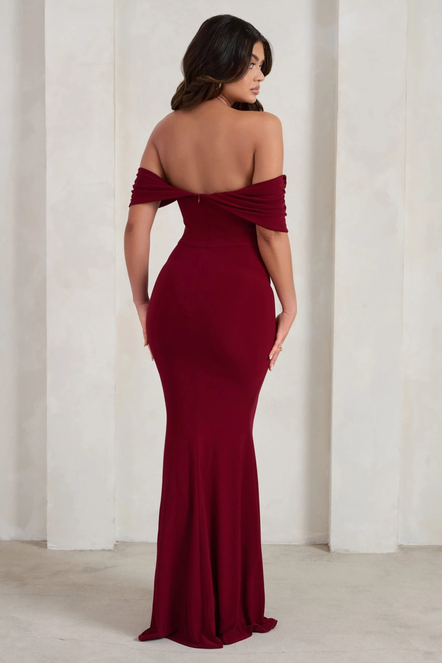 Gabrielle | Berry Red Bardot Neckline With Drape Sleeves Maxi Dress 2 Gabrielle | Berry Red Bardot Neckline With Drape Sleeves Maxi Dress - Image 2
