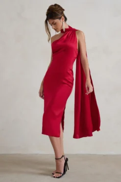 Madame | Berry Red Satin Asymmetric Scarf Neck Backless Midi Dress -Stylixon Sales Store WB HR CL128417 MadameBerryRedSatinAsymmetricScarfNeckBacklessMidiDress1 scaled