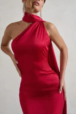 Madame | Berry Red Satin Asymmetric Scarf Neck Backless Midi Dress -Stylixon Sales Store WB HR CL128417 MadameBerryRedSatinAsymmetricScarfNeckBacklessMidiDress3 scaled