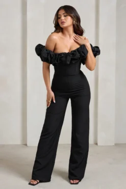 Esmie | Black Structured Statement Bardot Wide Leg Jumpsuit -Stylixon Sales Store WB HR CL128433 EsmieBlackStructuredStatementBardotWideLegJumpsuit3 scaled