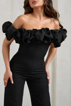 Esmie | Black Structured Statement Bardot Wide Leg Jumpsuit -Stylixon Sales Store WB HR CL128433 EsmieBlackStructuredStatementBardotWideLegJumpsuit4 scaled