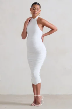 Chrissy | White Maternity Halterneck Ruched Midi Dress -Stylixon Sales Store WB HR CL128471 ChrissyWhiteMaternityHalterneckRuchedMidiDress1 scaled