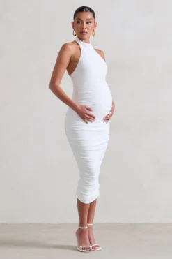 Chrissy | White Maternity Halterneck Ruched Midi Dress