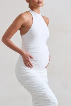 Chrissy | White Maternity Halterneck Ruched Midi Dress -Stylixon Sales Store WB HR CL128471 ChrissyWhiteMaternityHalterneckRuchedMidiDress5 scaled