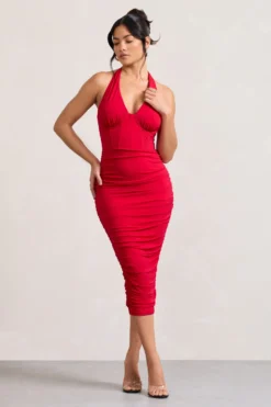 Amy | Red Halter-Neck Corset Ruched Midi Dress -Stylixon Sales Store WB HR CL128700004 AmyRedHalter NeckCorsetRuchedMidiDress0 scaled