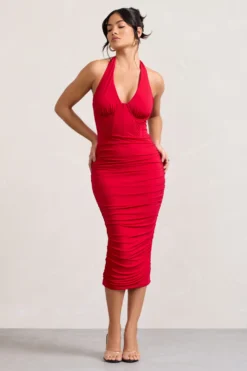 Amy | Red Halter-Neck Corset Ruched Midi Dress -Stylixon Sales Store WB HR CL128700004 AmyRedHalter NeckCorsetRuchedMidiDress4 scaled