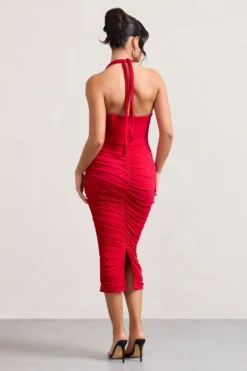 Amy | Red Halter-Neck Corset Ruched Midi Dress -Stylixon Sales Store WB HR CL128700004 AmyRedHalter NeckCorsetRuchedMidiDress7 scaled