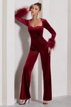 Trailblazer | Berry Red Velvet Long-Sleeved Jumpsuit With Feather Cuffs -Stylixon Sales Store WB HR CL128811064 TrailblazerBerryRedVelvetLong SleevedJumpsuitWithFeatherCuffs0 scaled