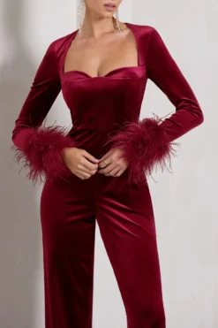 Trailblazer | Berry Red Velvet Long-Sleeved Jumpsuit With Feather Cuffs -Stylixon Sales Store WB HR CL128811064 TrailblazerBerryRedVelvetLong SleevedJumpsuitWithFeatherCuffs5 scaled