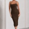 Bree | Chocolate Ruched Mesh Strappy Bodycon Midi Dress