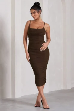 Bree | Chocolate Ruched Mesh Strappy Bodycon Midi Dress -Stylixon Sales Store WB HR CL128821067 BreeChocolateRuchedMeshStrappyBodyconMidiDress1 scaled