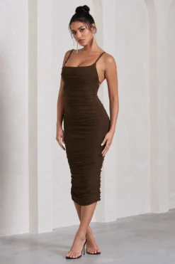 Bree | Chocolate Ruched Mesh Strappy Bodycon Midi Dress -Stylixon Sales Store WB HR CL128821067 BreeChocolateRuchedMeshStrappyBodyconMidiDress4 scaled