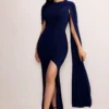 Isla | Navy Asymmetric Bardot Maxi Dress With Cape Sleeve And Side Split