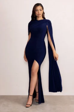 Isla | Navy Asymmetric Bardot Maxi Dress With Cape Sleeve And Side Split