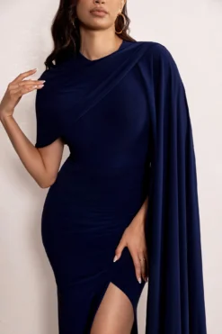 Isla | Navy Asymmetric Bardot Maxi Dress With Cape Sleeve And Side Split -Stylixon Sales Store WB HR CL129274 IslaNavyAsymmetricBardotMaxiDresswithCapeSleeveandSideSplit6