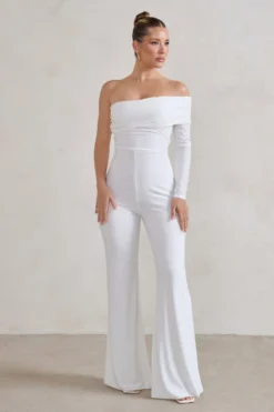 Margie | White One Sleeve Bardot Jumpsuit -Stylixon Sales Store WB HR CL129295 TillyWhiteOneSleeveBardotJumpsuit1 scaled