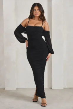 Announcement | Black Bardot Mesh Ruched Maxi Dress