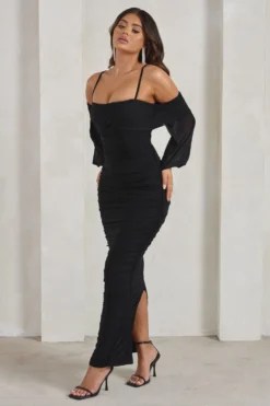 Announcement | Black Bardot Mesh Ruched Maxi Dress -Stylixon Sales Store WB HR CL129305 AnnouncementBlackBardotMeshRuchedMidaxiDress3 scaled