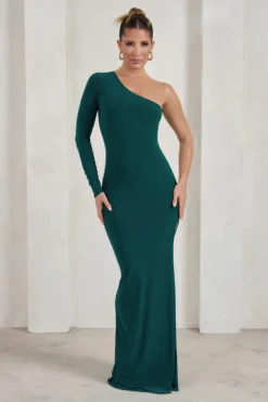 Melanie | Green One Shoulder Split Maxi Dress