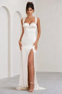 Showpiece | Cream Satin Corset Split Maxi Dress -Stylixon Sales Store WB HR CL129363028 ShowcaseCreamSatinCorsetSplitMaxiDress3 scaled