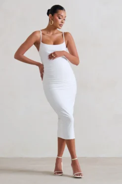 Raquel | White Maternity Cami Midi Dress With Split