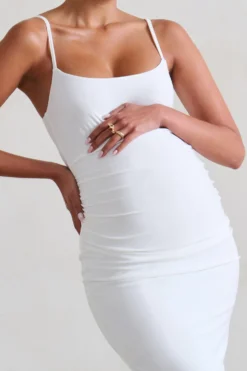 Raquel | White Maternity Cami Midi Dress With Split -Stylixon Sales Store WB HR CL129398 Raquel WhiteMaternityCamiMidiDressWithSplit4 scaled