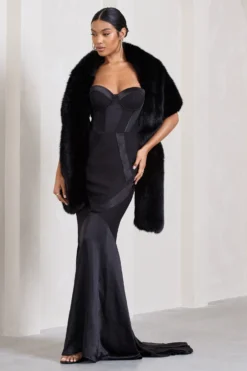 Custom | Black Satin Sweetheart Corset Fishtail Maxi Dress -Stylixon Sales Store WB HR CL129540002 SoftlyBlackFauxFurPull ThroughStoleScarf1 scaled